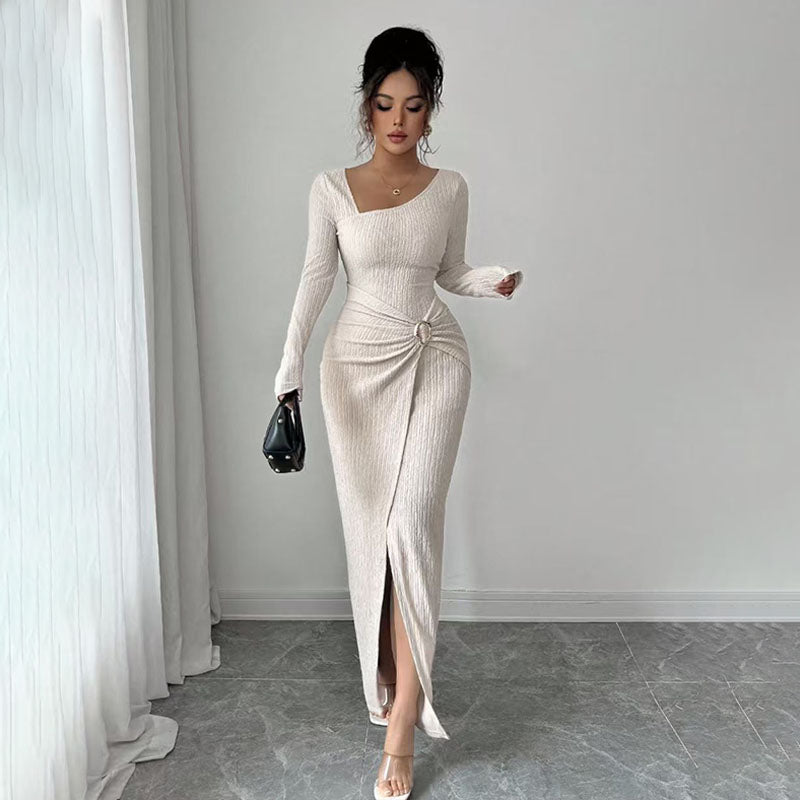 Long-sleeved irregular neckline slit dress