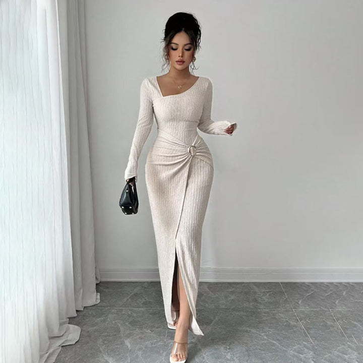 Long-sleeved irregular neckline slit dress