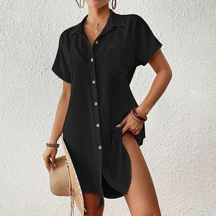 Short-sleeved belted shirt dress
