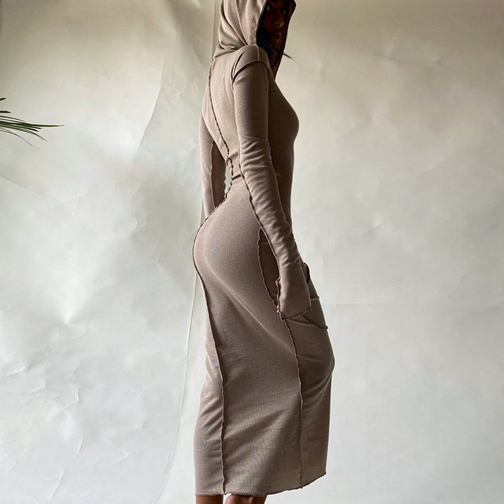 Contrast‑Stitch Hooded Bodycon Maxi Dress