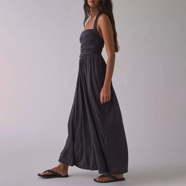 Square-neck back-tie loose harem jumpsuit