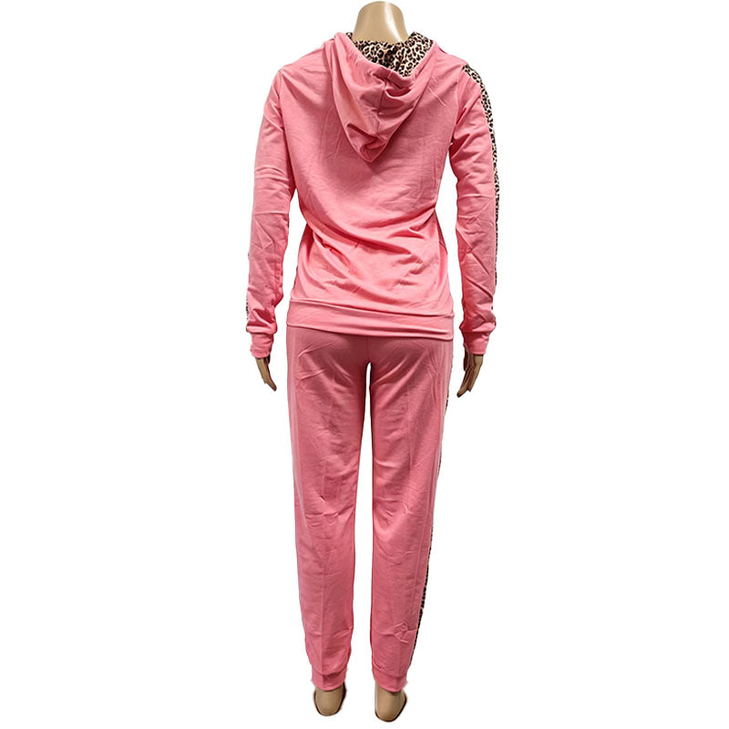 Leopard-print casual zip-up hoodie and pants tracksuit
