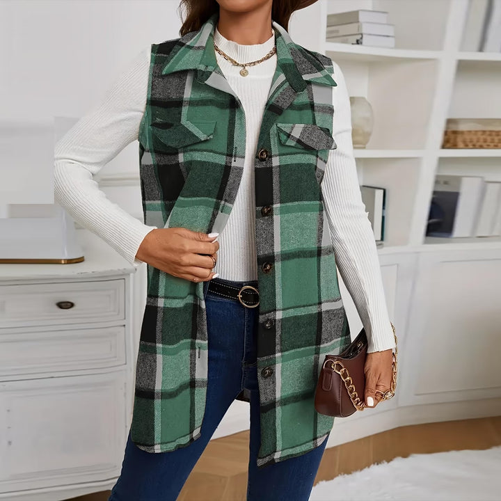 Women's collared plaid sleeveless vest
