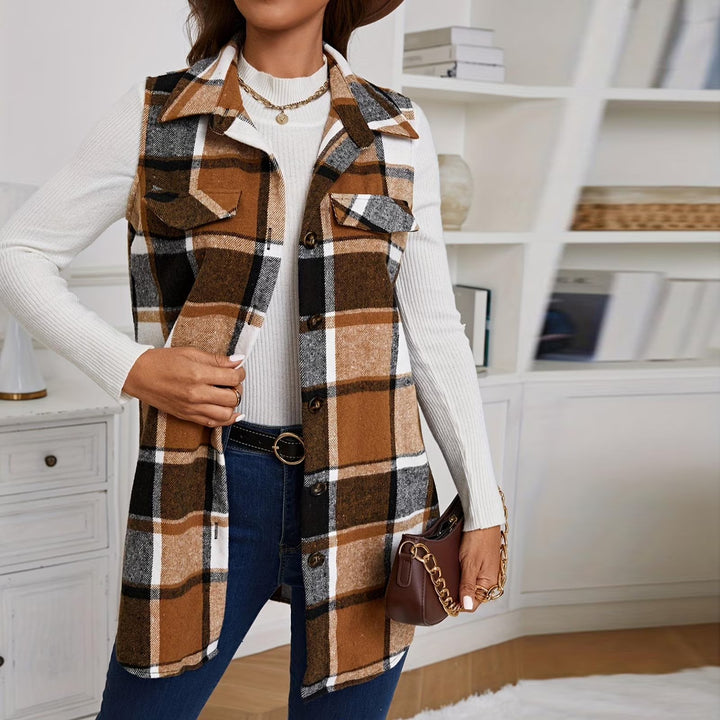 Women's collared plaid sleeveless vest