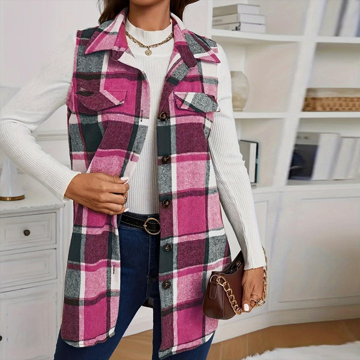 Women's collared plaid sleeveless vest