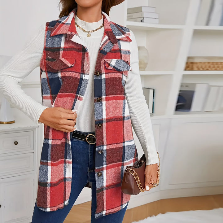 Women's collared plaid sleeveless vest