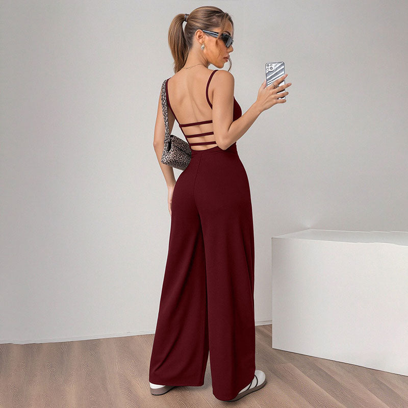 Spaghetti-strap open-back wide-leg jumpsuit