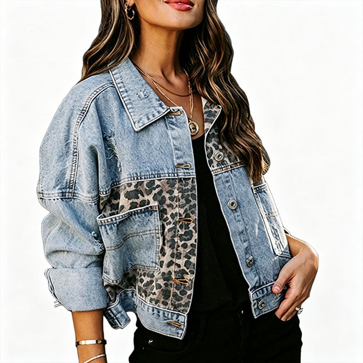 Leopard-print panel denim jacket