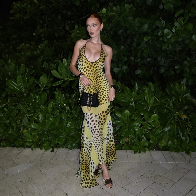 Leopard print backless irregular hem dress