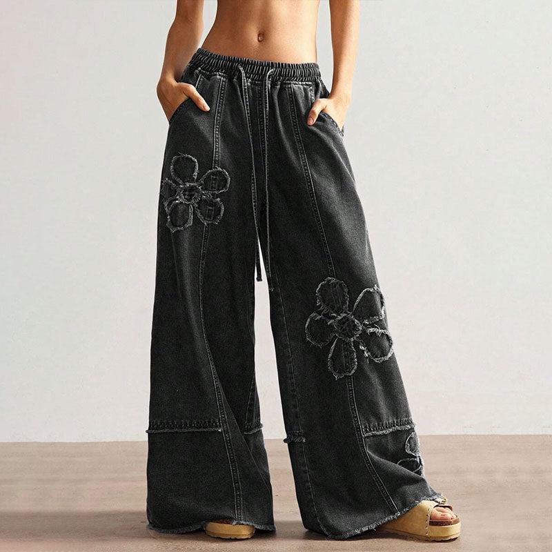 Elastic waist floral frayed wide-leg jeans