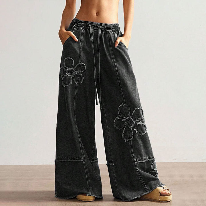 Elastic waist floral frayed wide-leg jeans