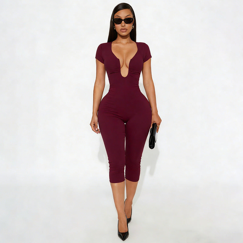 U-neck short-sleeve fitted jumpsuit