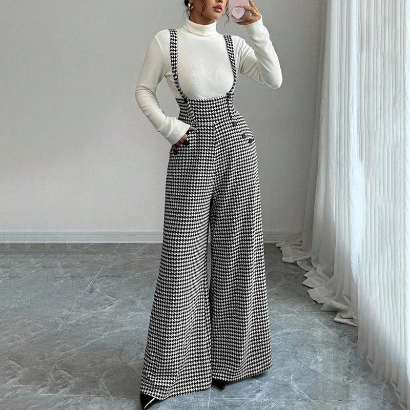 Retro plaid high-waisted wide-leg overalls