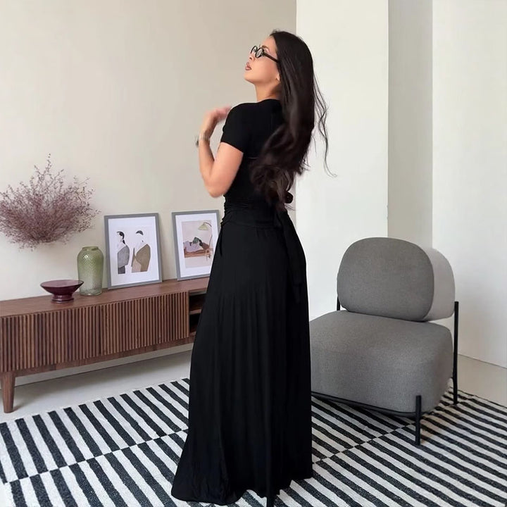 Cross-neck top and wide-leg pants suit