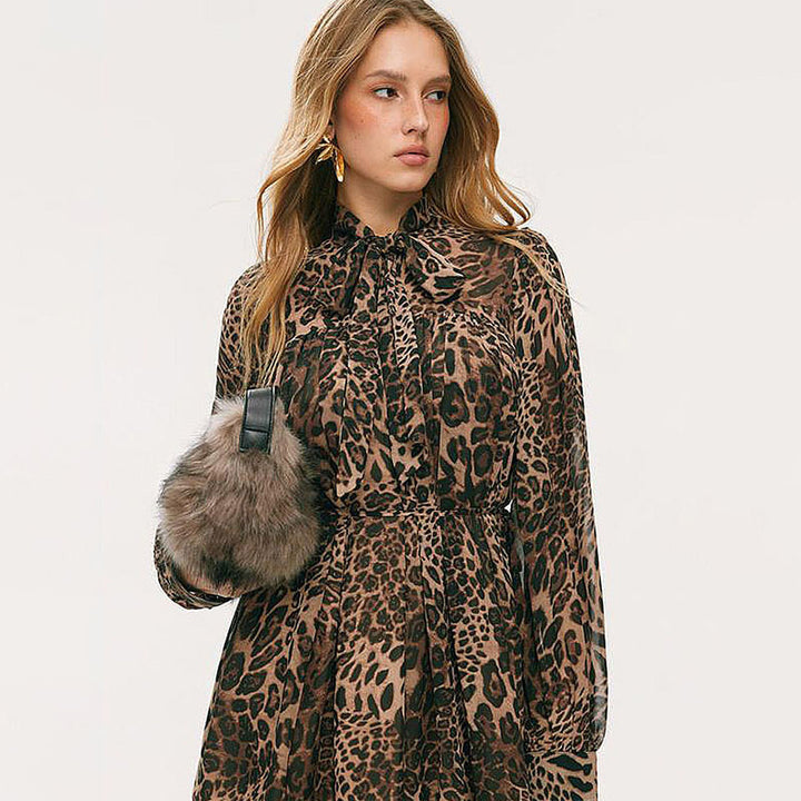 Leopard-print long-sleeve tie-waist dress