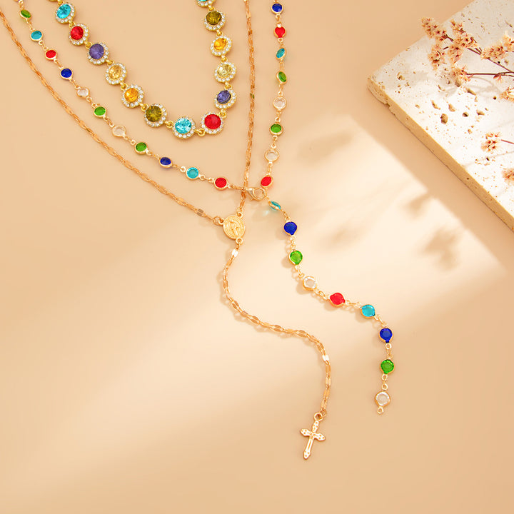 Bohemian-style round crystal layered necklace