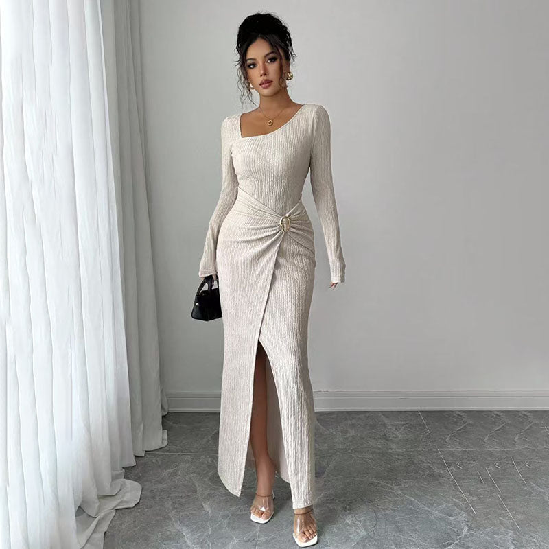 Long-sleeved irregular neckline slit dress