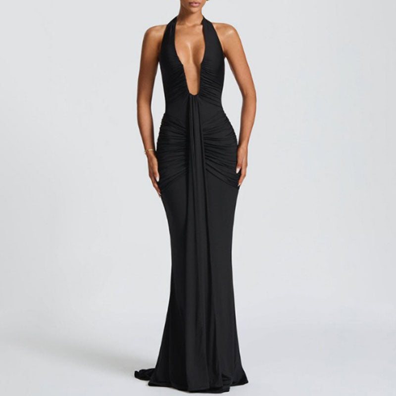 Deep V-neck pleated slim-fit fishtail dress