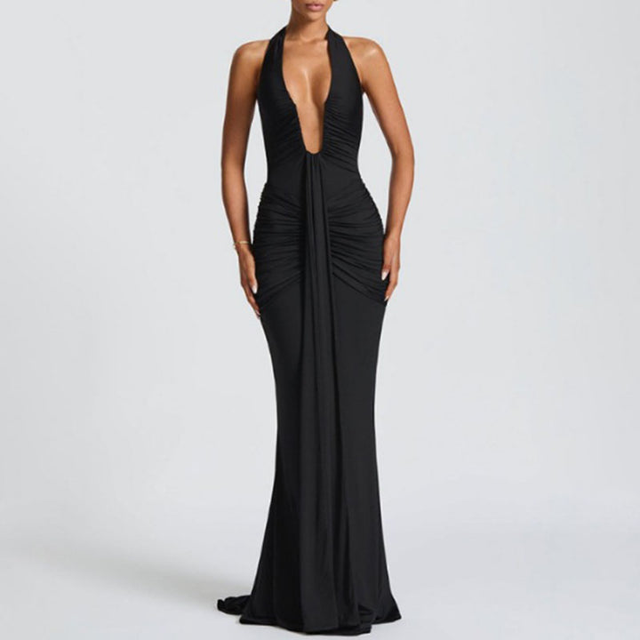 Deep V-neck pleated slim-fit fishtail dress