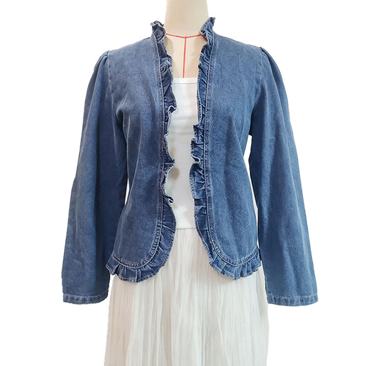 Ruffled Trim Open‑Front Cropped Denim Jacket