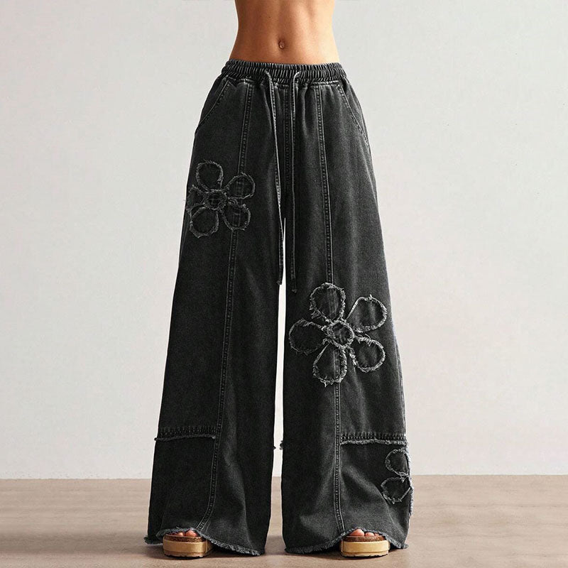 Elastic waist floral frayed wide-leg jeans