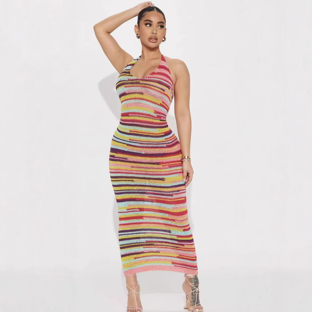 Slim-fit maxi dress with colorful stripes
