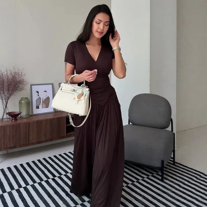 Cross-neck top and wide-leg pants suit