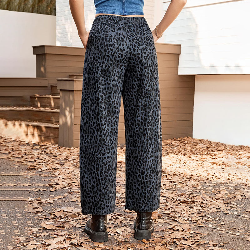 Casual leopard print elastic waist loose straight leg pants