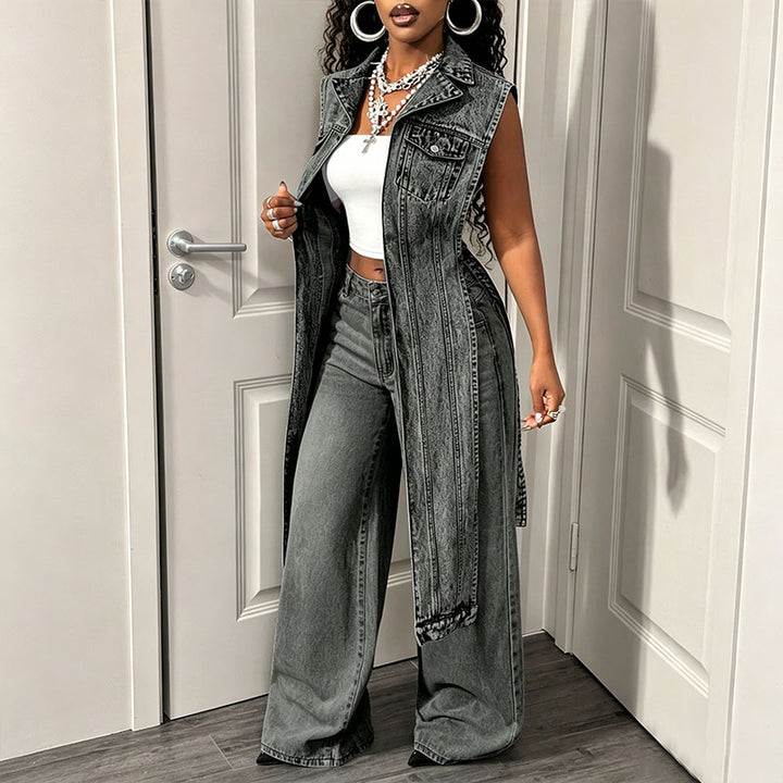 Sleeveless collared denim jacket