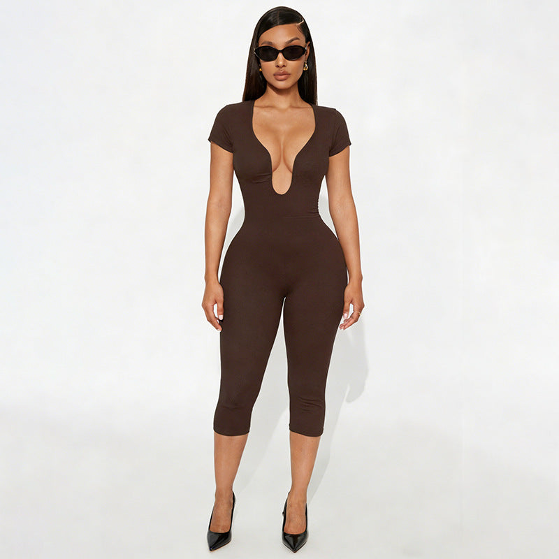U-neck short-sleeve fitted jumpsuit