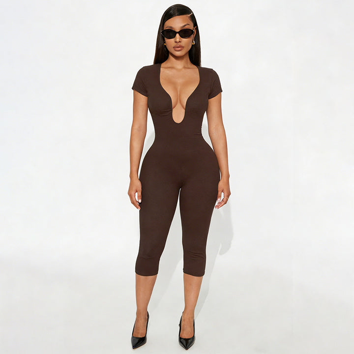 U-neck short-sleeve fitted jumpsuit