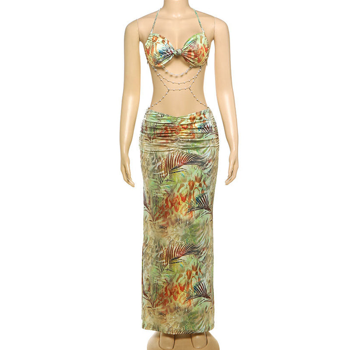 Tropical-print open-back halter dress