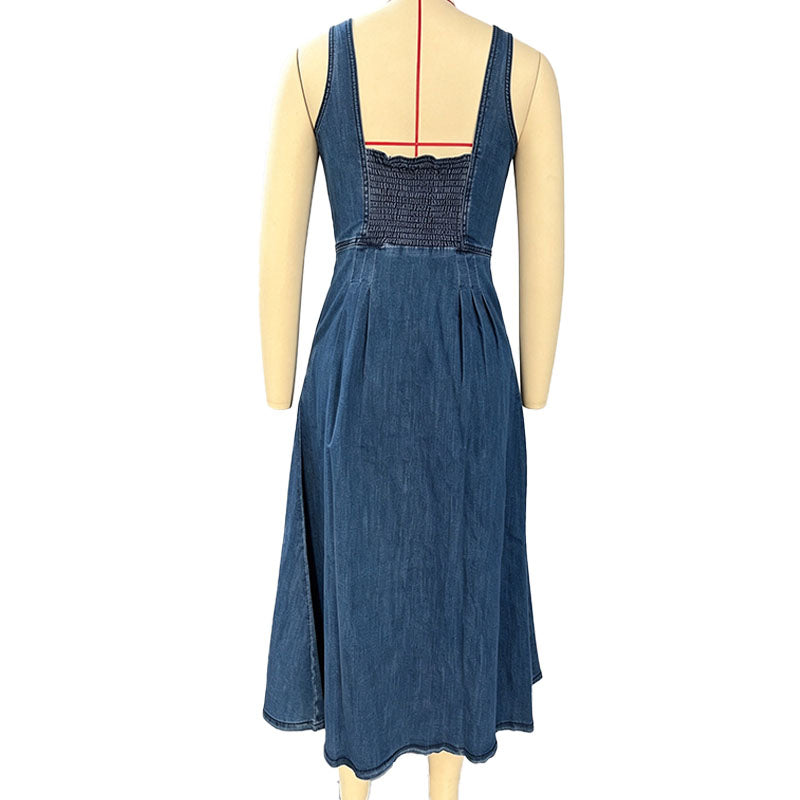 Button-front A-line denim dress