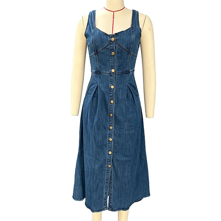 Button-front A-line denim dress