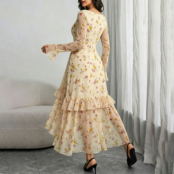 Square-neck flared-sleeve ruffled slit dress