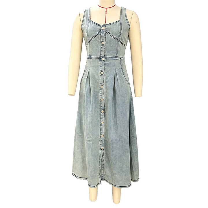 Button-front A-line denim dress