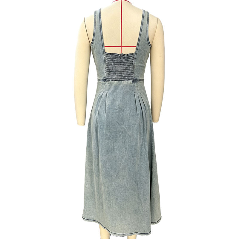 Button-front A-line denim dress