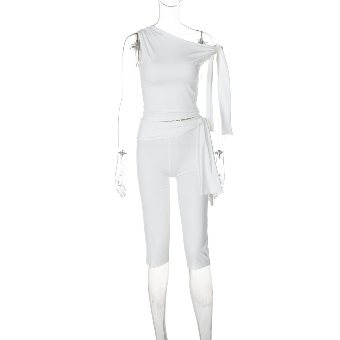 One-shoulder tie-strap top and cropped trousers set
