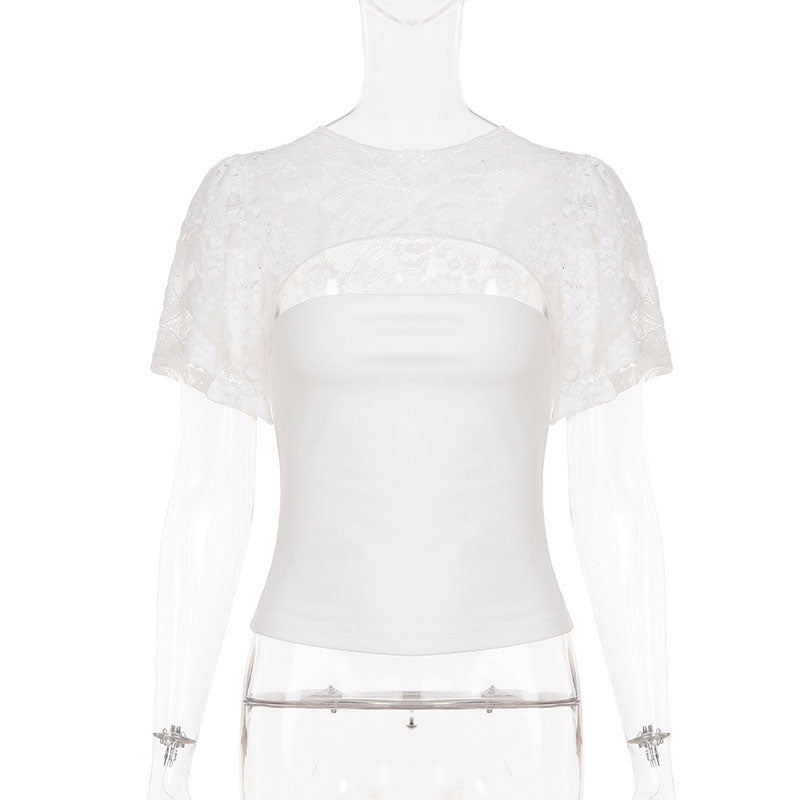 Lace cutout fitted short-sleeved top