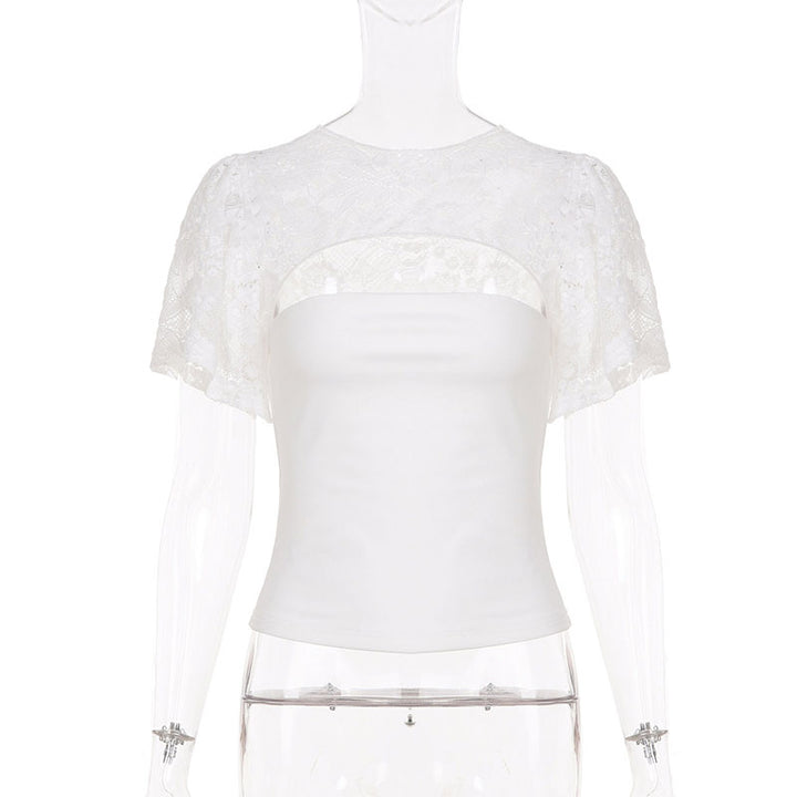 Lace cutout fitted short-sleeved top
