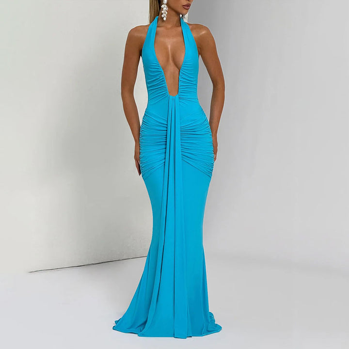 Deep V-neck pleated slim-fit fishtail dress