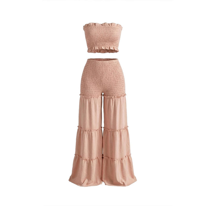 Ruched strapless top and tiered ruffle wide-leg pants set