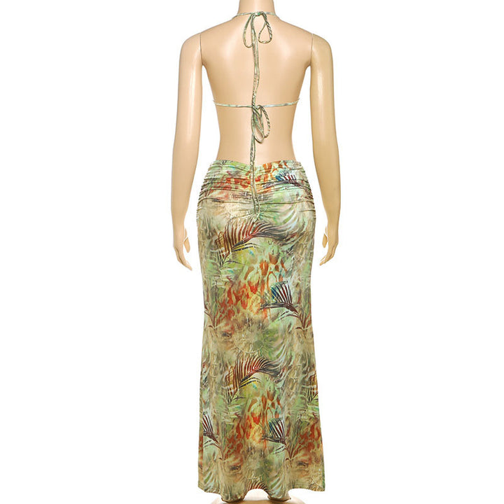 Tropical-print open-back halter dress