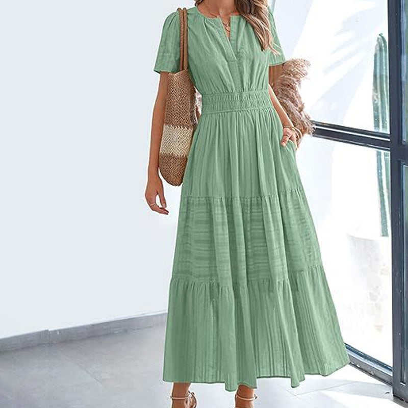 V-neck puff sleeve pleated midi dress