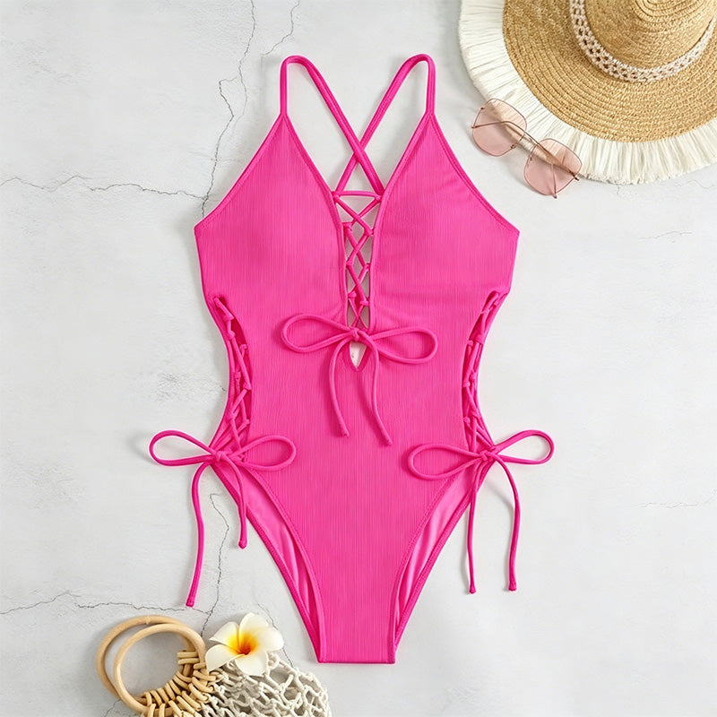 Lace-Up Crisscross Halter One-Piece Swimsuit