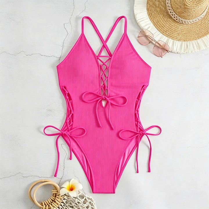 Lace-Up Crisscross Halter One-Piece Swimsuit
