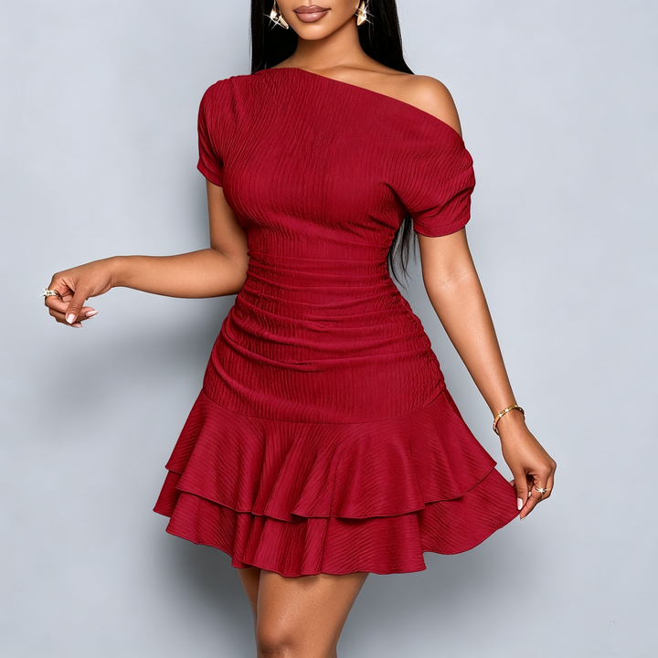 Solid Asymmetrical Shoulder Ruffle Hem Mini Dress