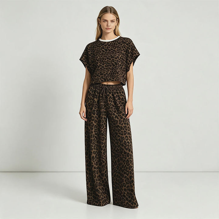 Leopard-print short-sleeved cutout top and trousers casual loungewear set