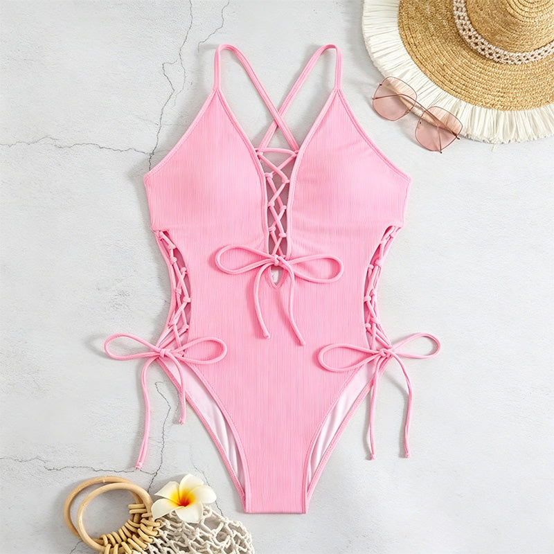 Lace-Up Crisscross Halter One-Piece Swimsuit