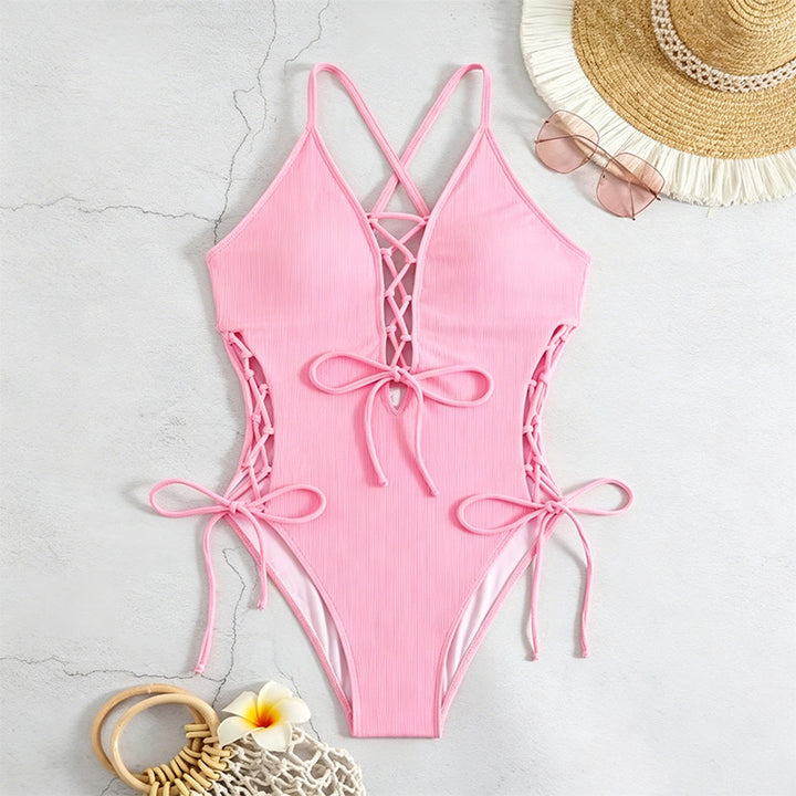 Lace-Up Crisscross Halter One-Piece Swimsuit